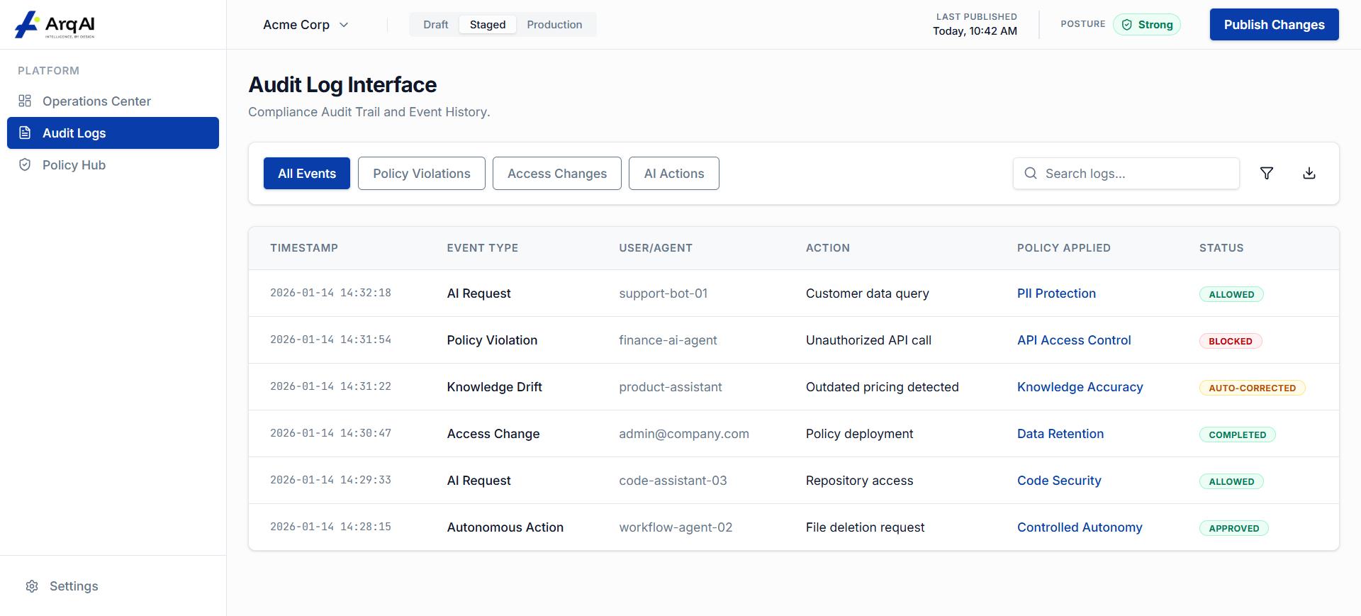 Audit Log Interface - Immutable audit trail for every AI action
